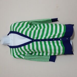 Jcp Cardigan Women Stripped Button Down M NATICAL vacation Beach Linen Green Y2k